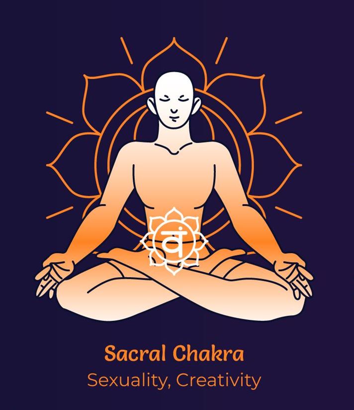 Sacral Chakra below the navel, highlighted in orange.